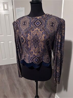 Vintage Karin Stevens Paisley Velvet Hem Blouse Oversized Boho Top